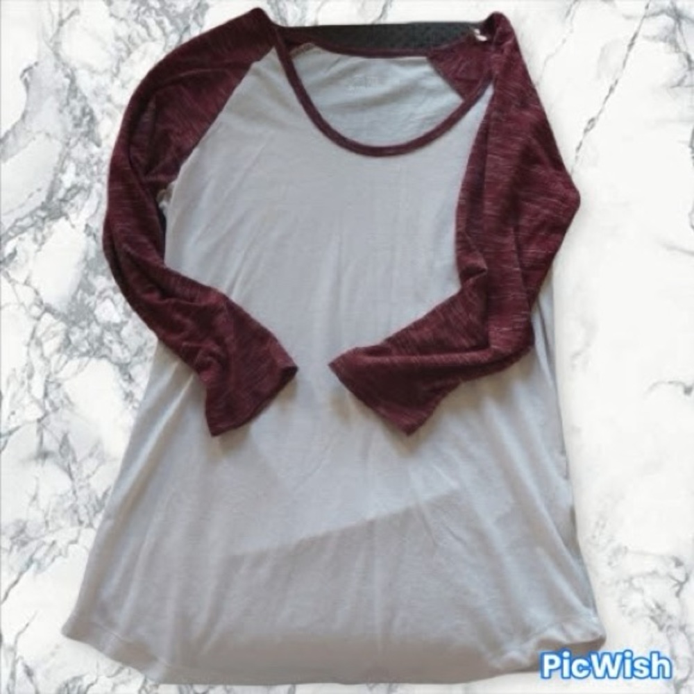 Women's Burgundy and Gray Raglan Top 3/4 sleeve baseball tee